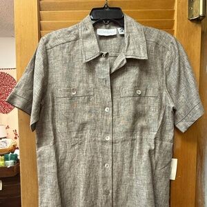 Edward Women's Beige Irish Linen Short Sleeve Button Shirt, Size: M, EUC